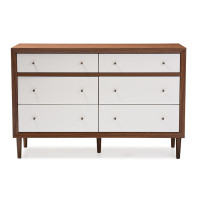 Baxton Studio FP-6781-Walnut/White Harlow Mid-century White and Walnut Wood 6-Drawer Storage Dresser